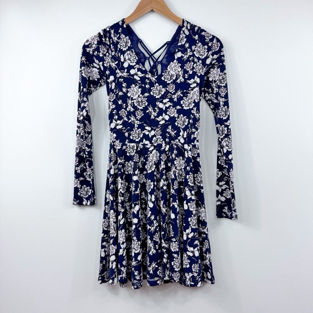 Women’s Dark Blue Floral Dress Small Juniors Long Sleeve Stretchy Romantic